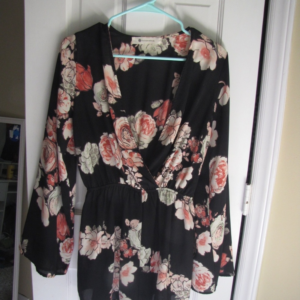 Wide Sleeve Black Floral Romper